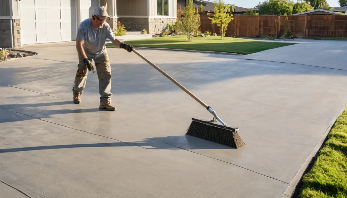 A freshly finished concrete driveway beside a ranch-style home in De Soto